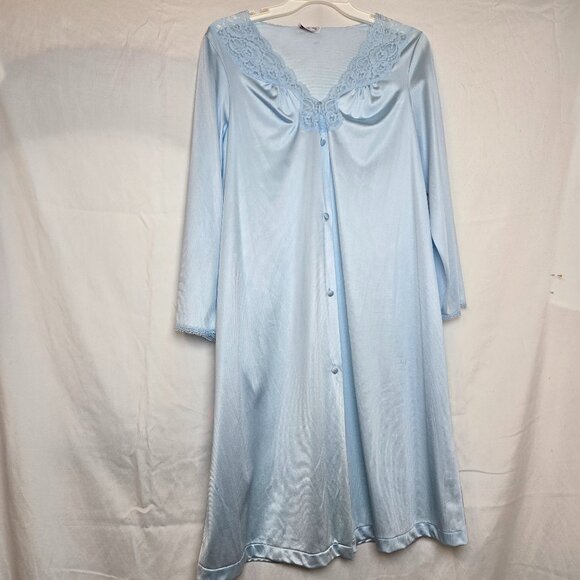 Vanity Fair Women's Blue Nylon Robe Lace Button Up Long Sleeve Pocket Size M - Picture 1 of 7